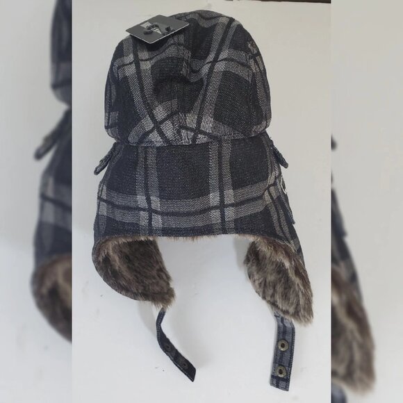 TRUE RELIGION DENIM FAUX FUR TRAPPER AVIATOR HAT STITCHED HORSESHOE LOGO POCKET - Picture 3 of 6